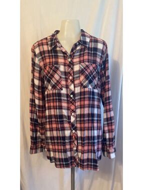 Relativity Navy And Coral Plaid Button Front Long Sleeve Shirt